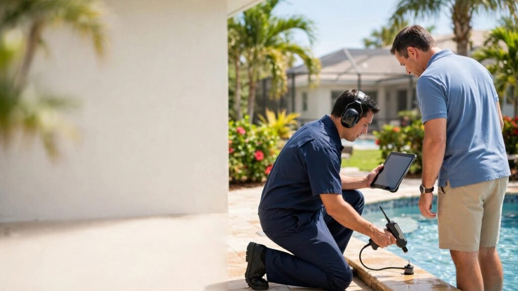 Five Star Leak Detection technician showing a homeowner the leak detection results on a tablet beside their pool